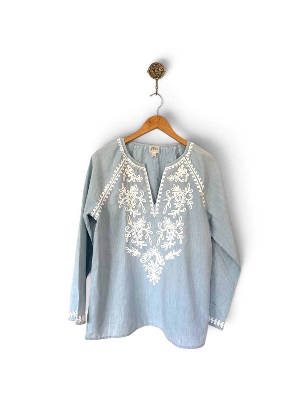 J.Crew Chambray Tunic • Embroidered Bohemian Top • Size S - Picture 1 of 5